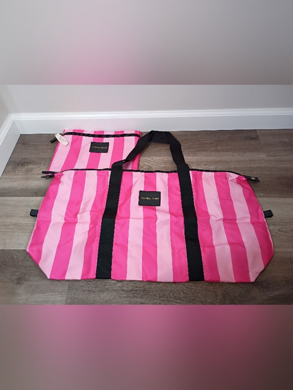 New Victorias Secret Pink Striped Y2k Weekender Packable Tote Cosmetic Bag